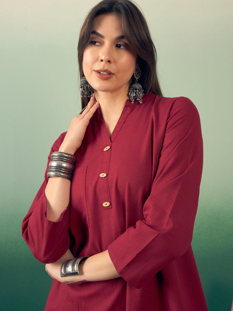 Women's Burgundy Manderian V Neck Button Kurta Cream Pant Set