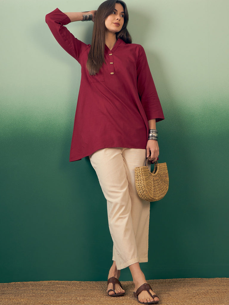 Women's Burgundy Manderian V Neck Button Kurta Cream Pant Set