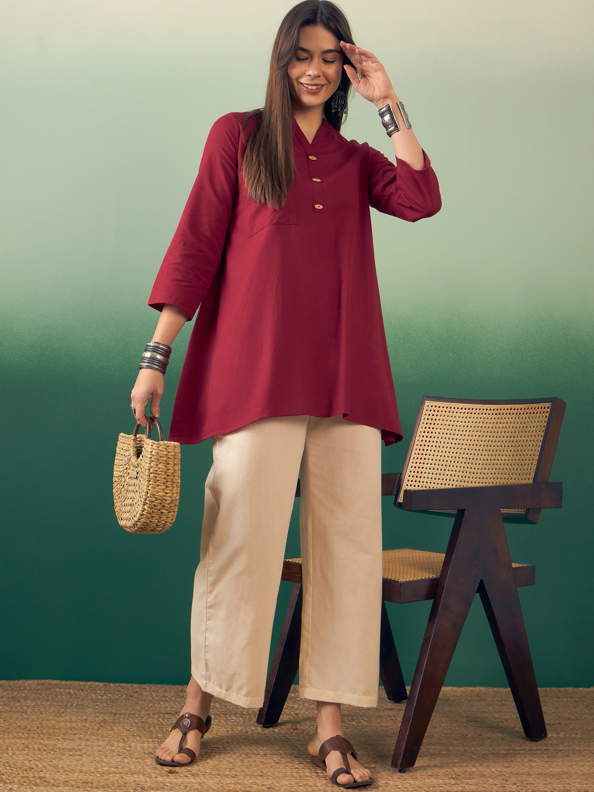 Women's Burgundy Manderian V Neck Button Kurta Cream Pant Set - InWeave