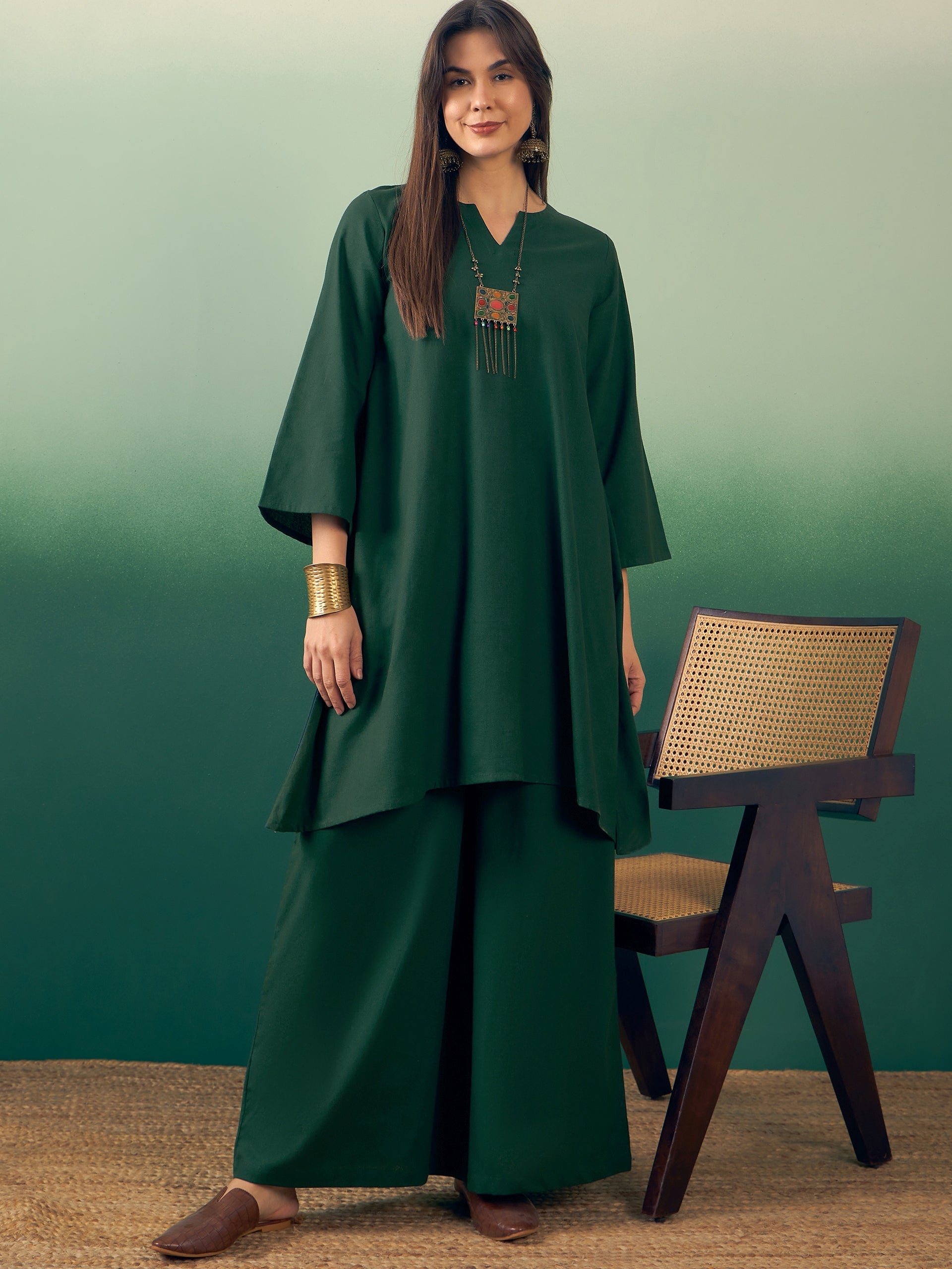 Women's Dark Green Kurta Palazzo Set - InWeave