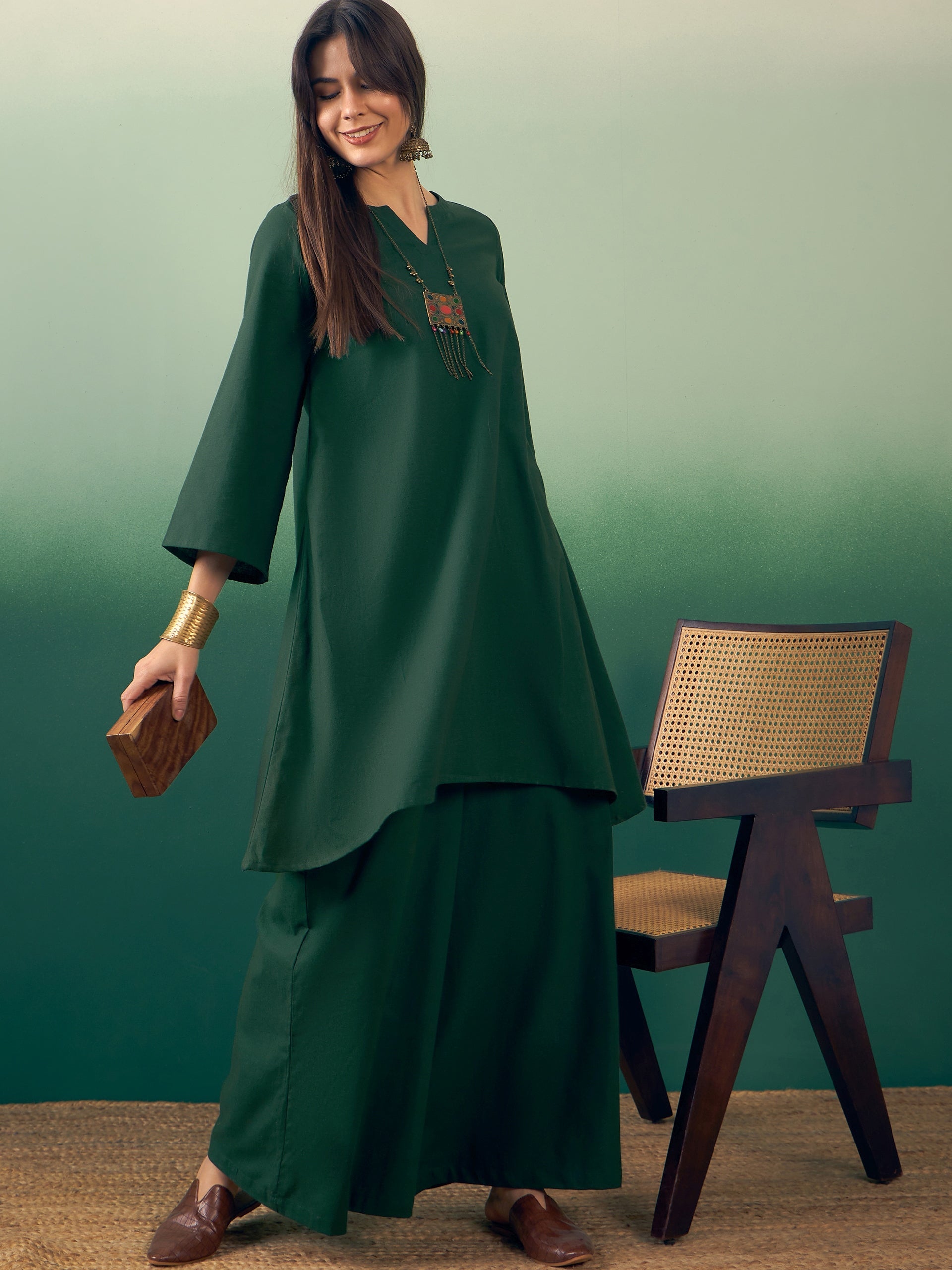 Women's Dark Green Kurta Palazzo Set - InWeave