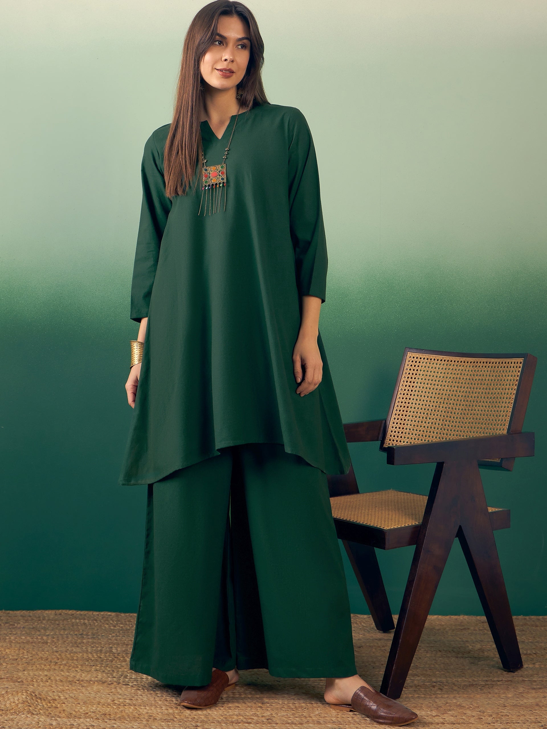 Women's Dark Green Kurta Palazzo Set - InWeave