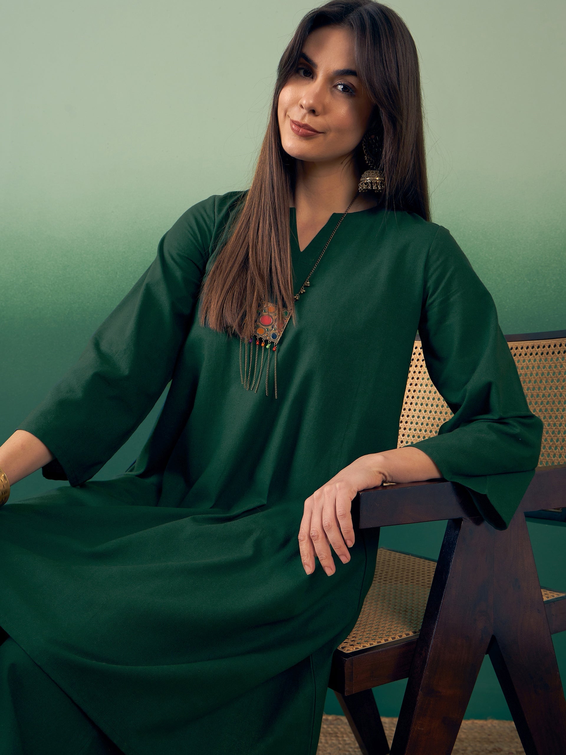 Women's Dark Green Kurta Palazzo Set - InWeave