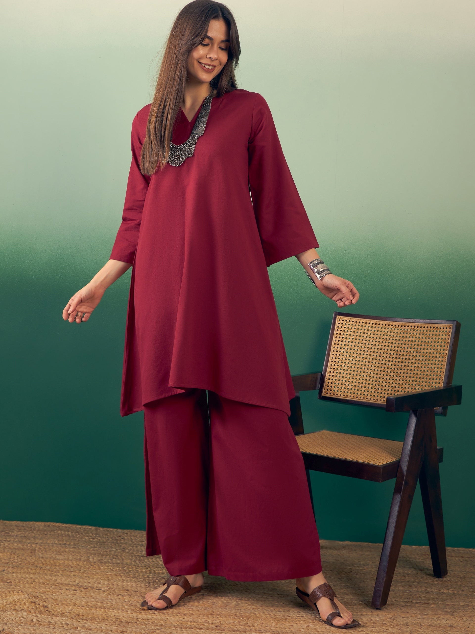 Women's Burgundy Kurta Palazzo Set - InWeave