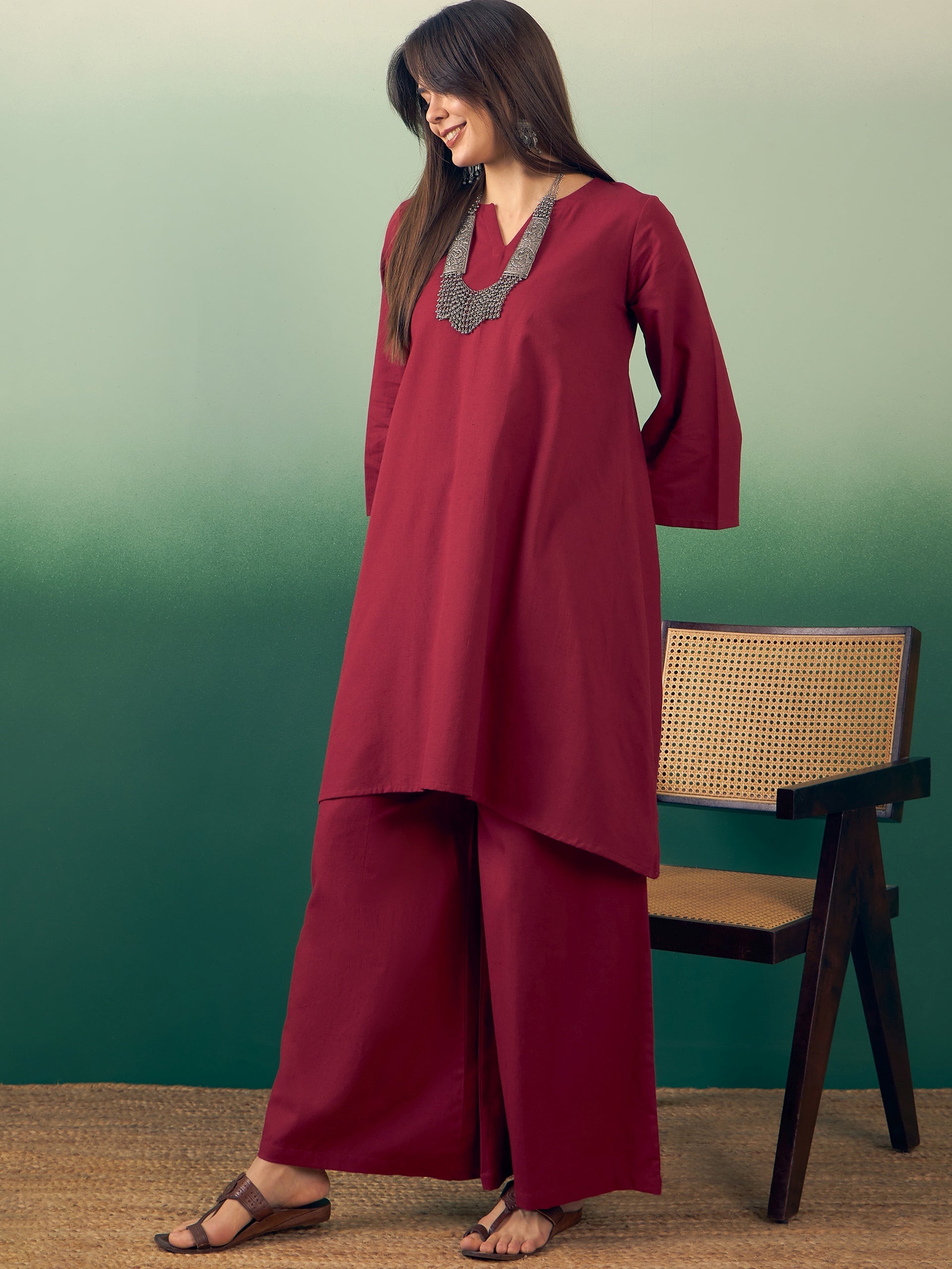 Women's Burgundy Kurta Palazzo Set - InWeave