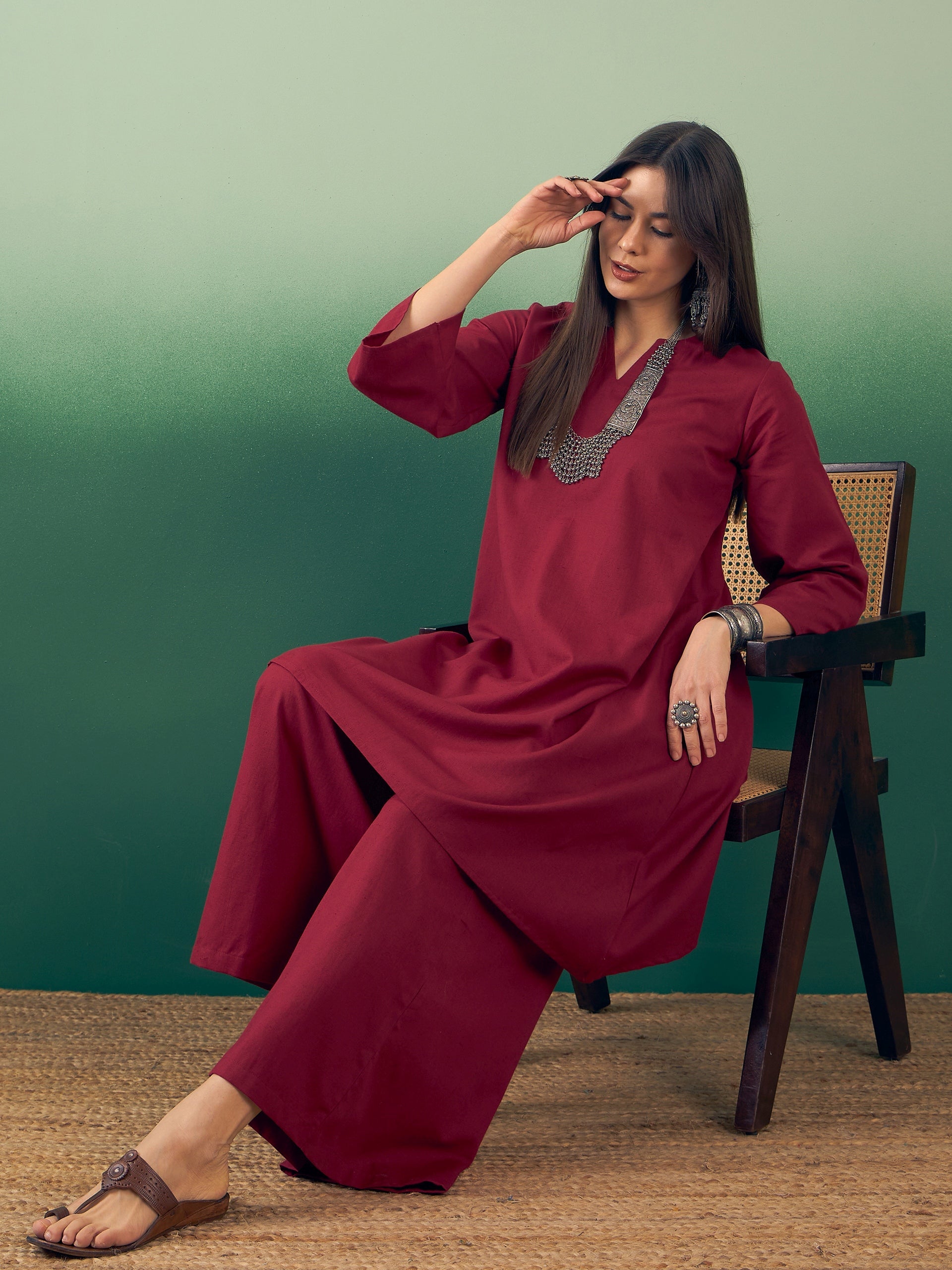 Women's Burgundy Kurta Palazzo Set - InWeave