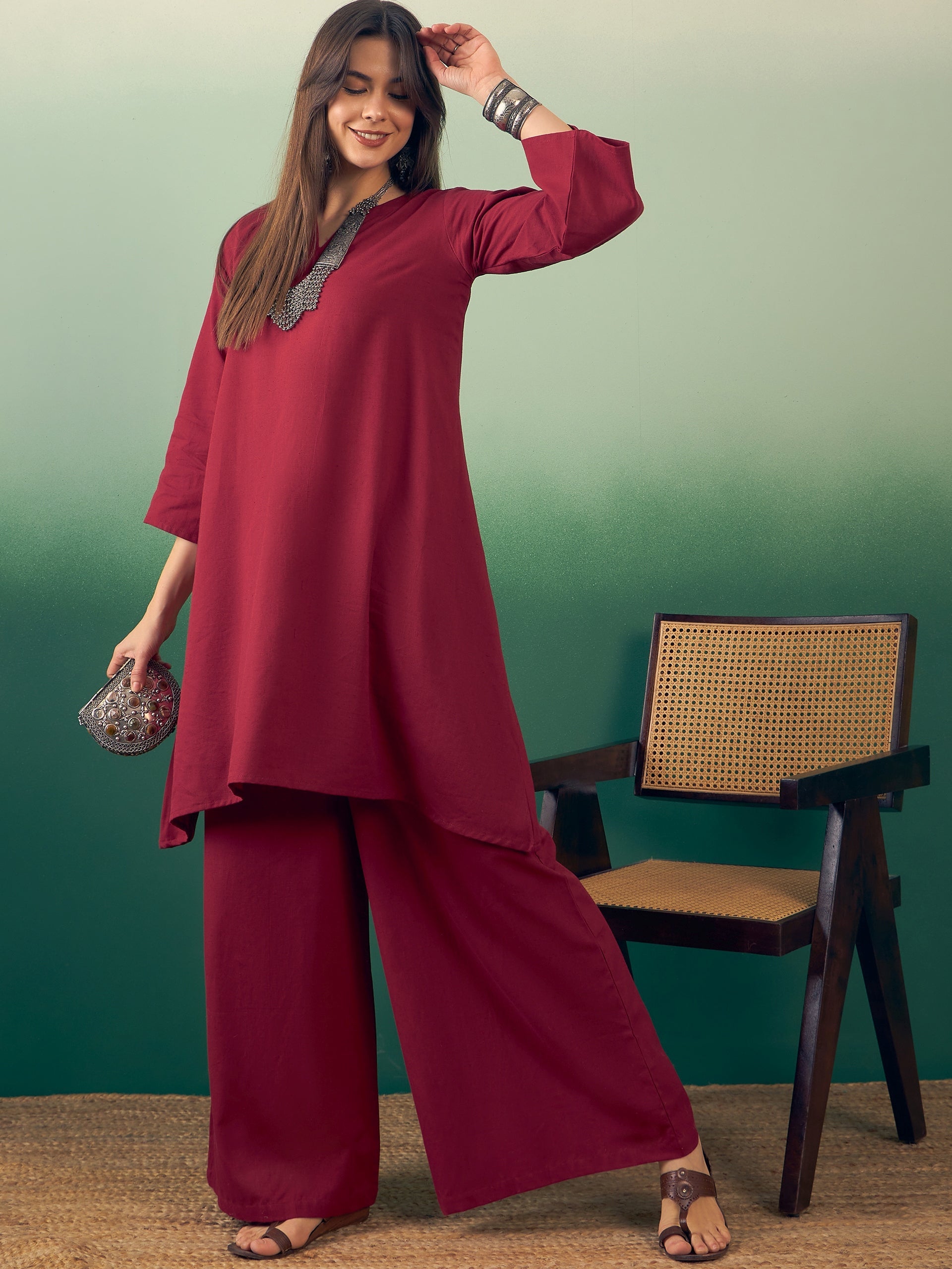 Women's Burgundy Kurta Palazzo Set - InWeave