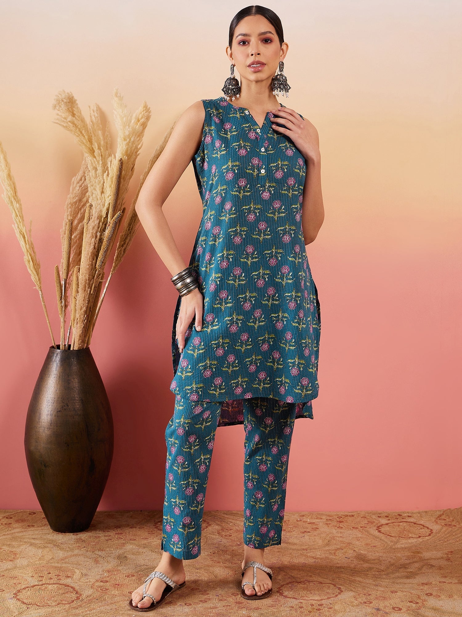 Women's Teal Kantha Mandarin Kurta Set - InWeave