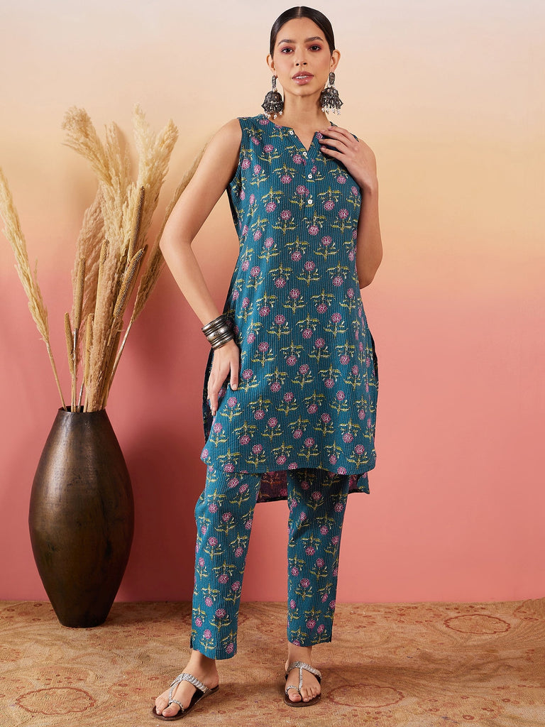 Women's Teal Kantha Mandarin Kurta Set