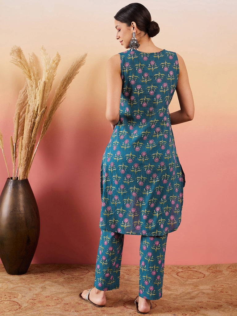 Women's Teal Kantha Mandarin Kurta Set