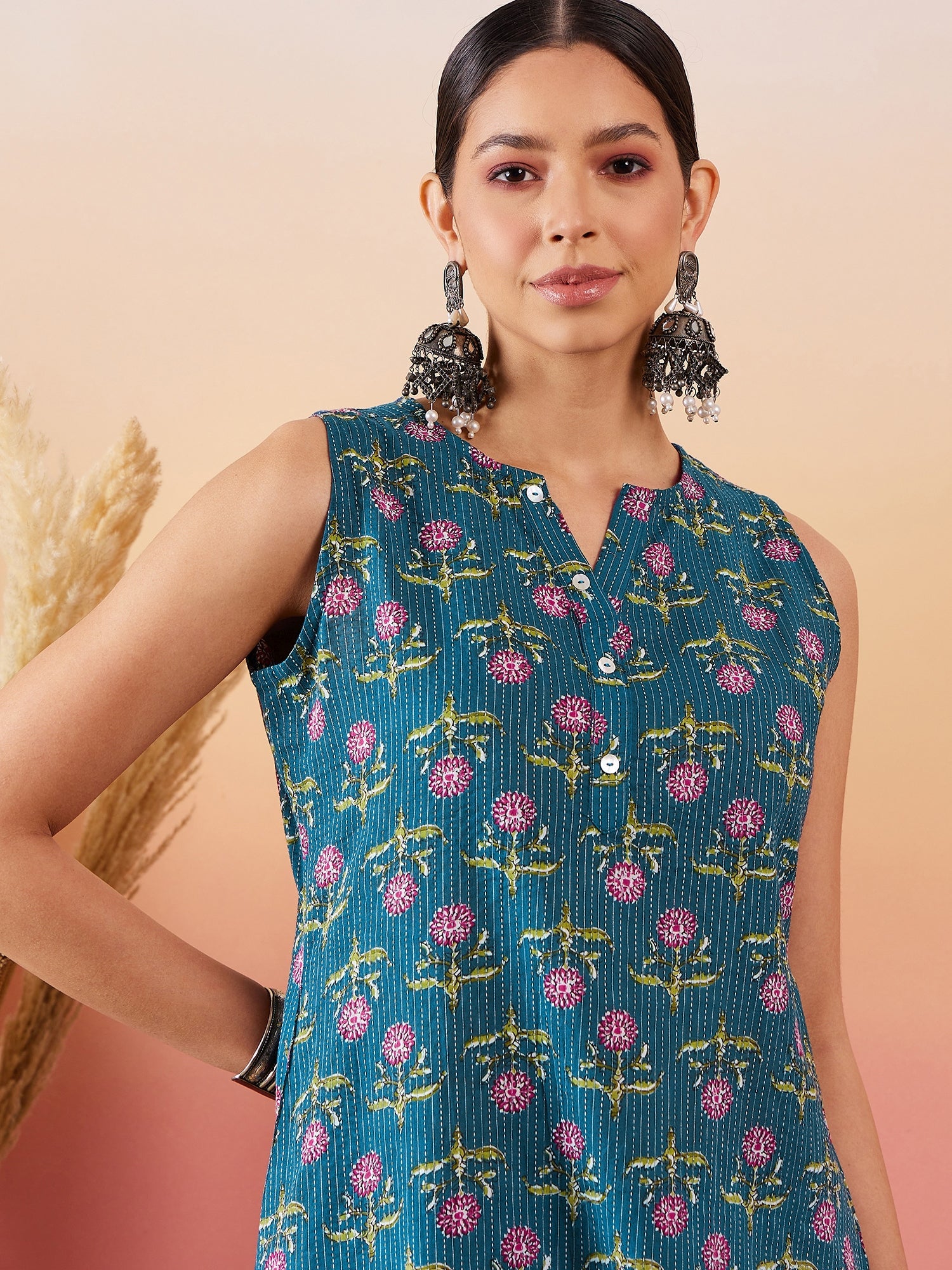 Women's Teal Kantha Mandarin Kurta Set - InWeave