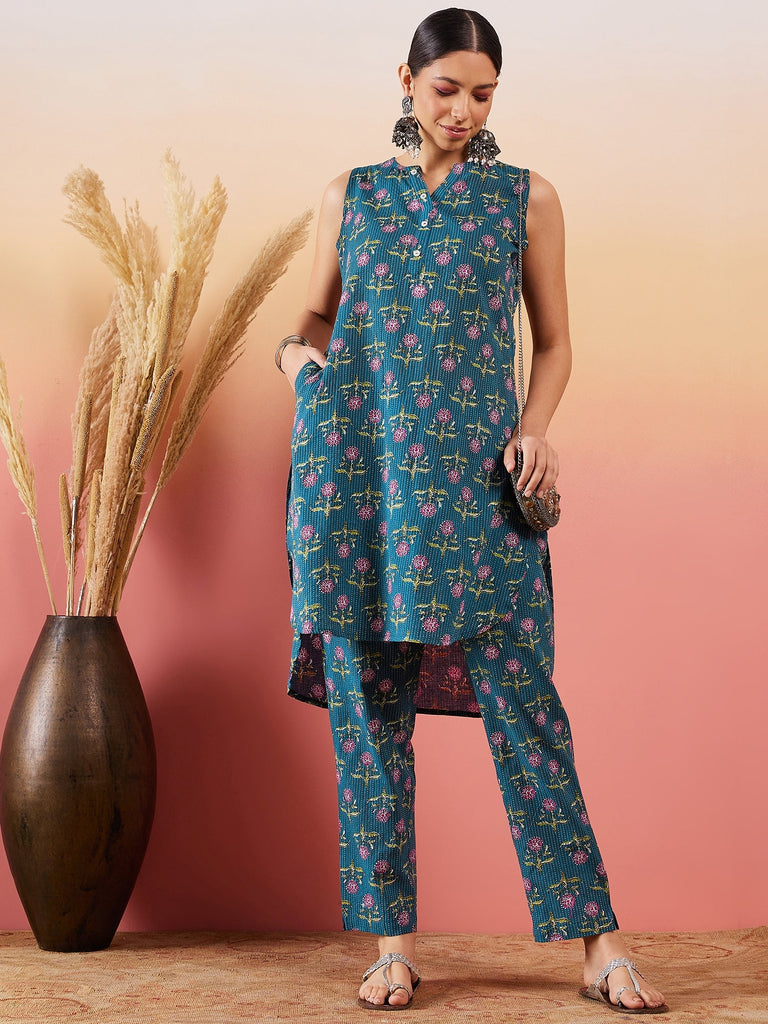 Women's Teal Kantha Mandarin Kurta Set