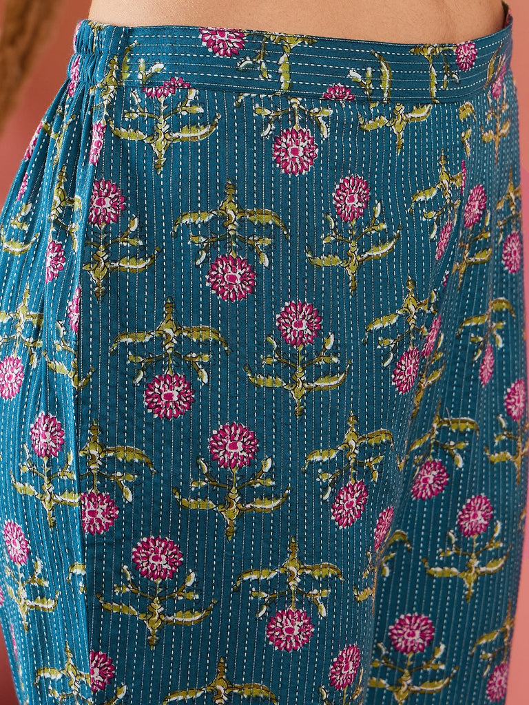 Women's Teal Kantha Mandarin Kurta Set