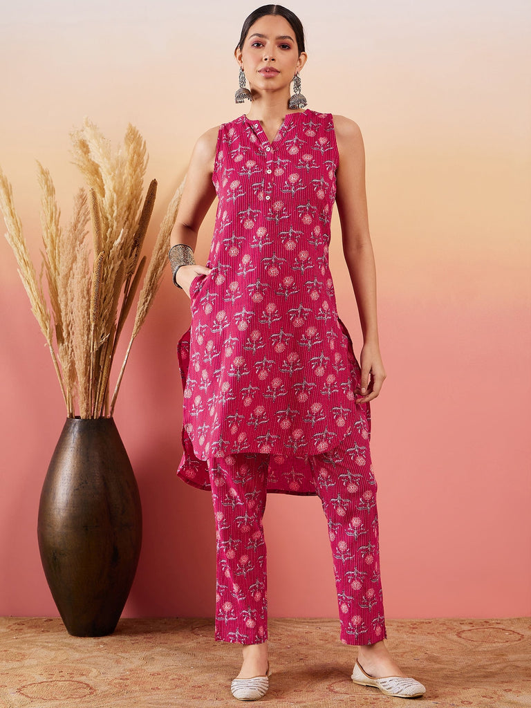 Women's Red Kantha Print Manderian V Neck Button Kurta Pant Set