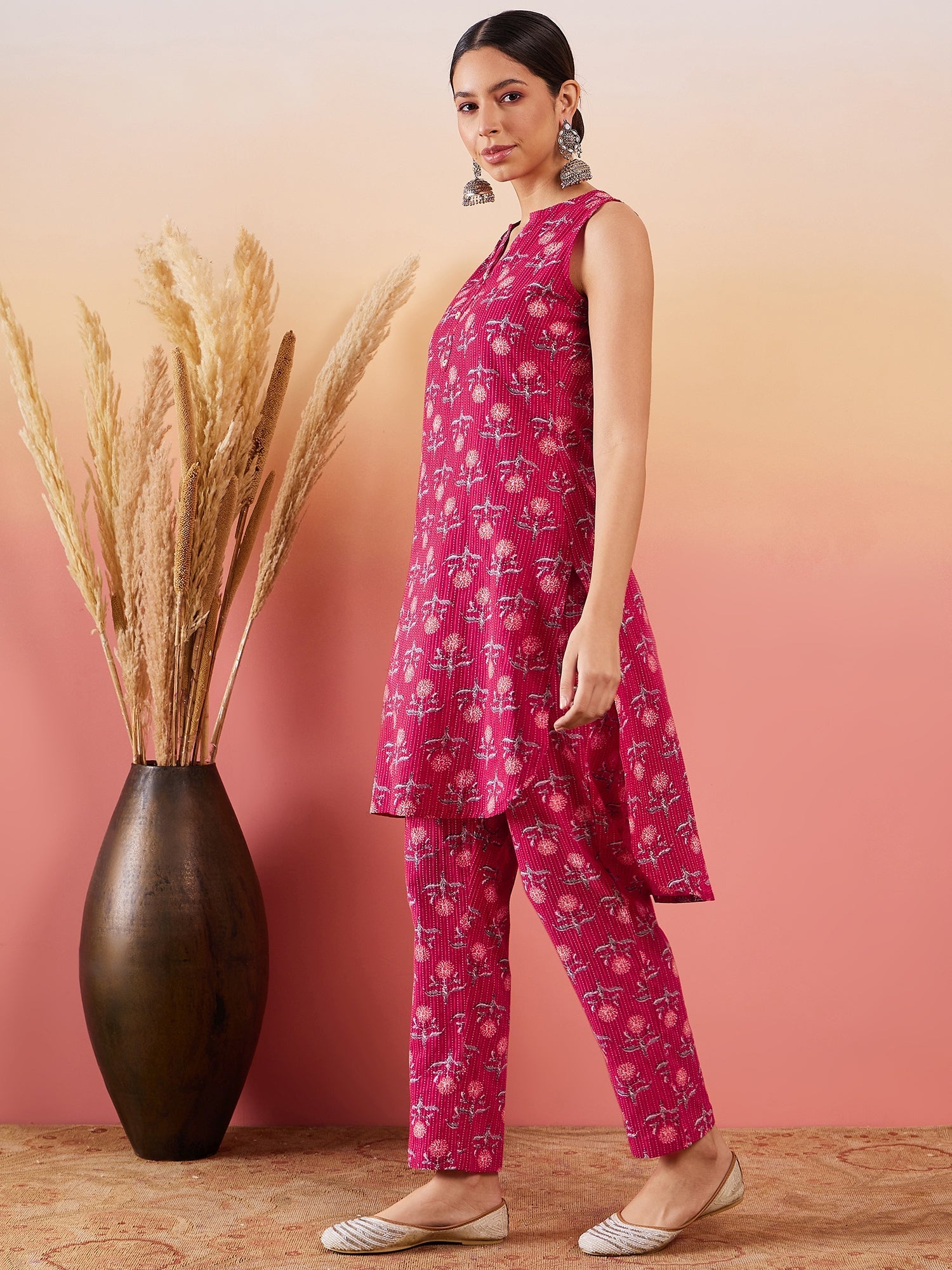 Women's Red Kantha Print Manderian V Neck Button Kurta Pant Set - InWeave