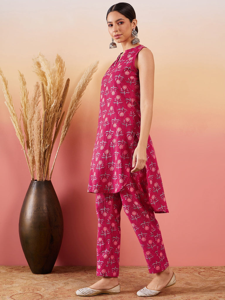 Women's Red Kantha Print Manderian V Neck Button Kurta Pant Set