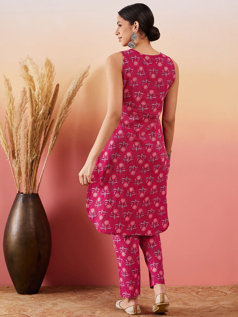 Women's Red Kantha Print Manderian V Neck Button Kurta Pant Set