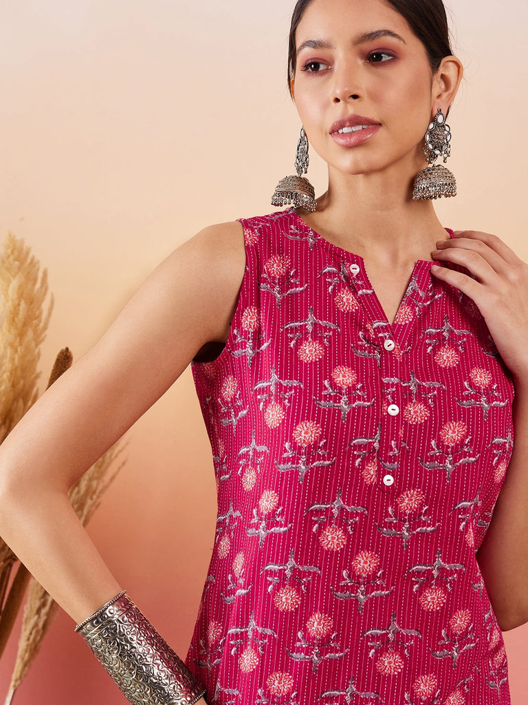 Women's Red Kantha Print Manderian V Neck Button Kurta Pant Set