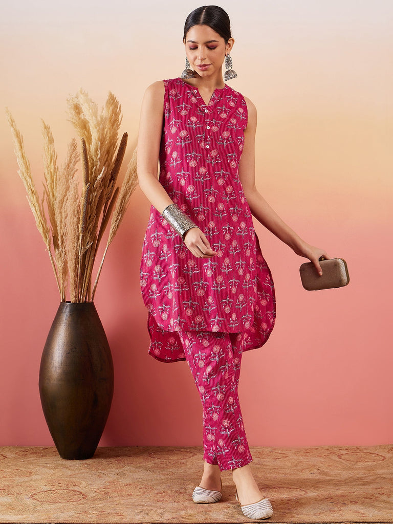 Women's Red Kantha Print Manderian V Neck Button Kurta Pant Set