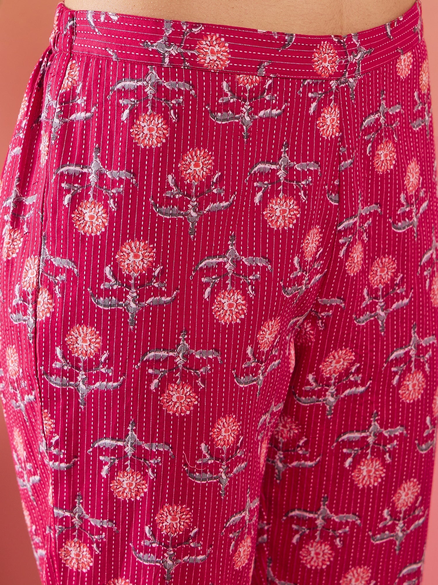 Women's Red Kantha Print Manderian V Neck Button Kurta Pant Set - InWeave