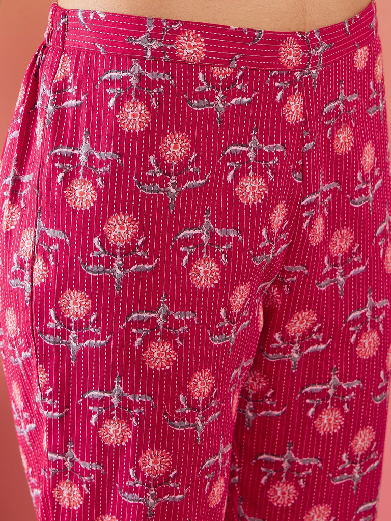 Women's Red Kantha Print Manderian V Neck Button Kurta Pant Set