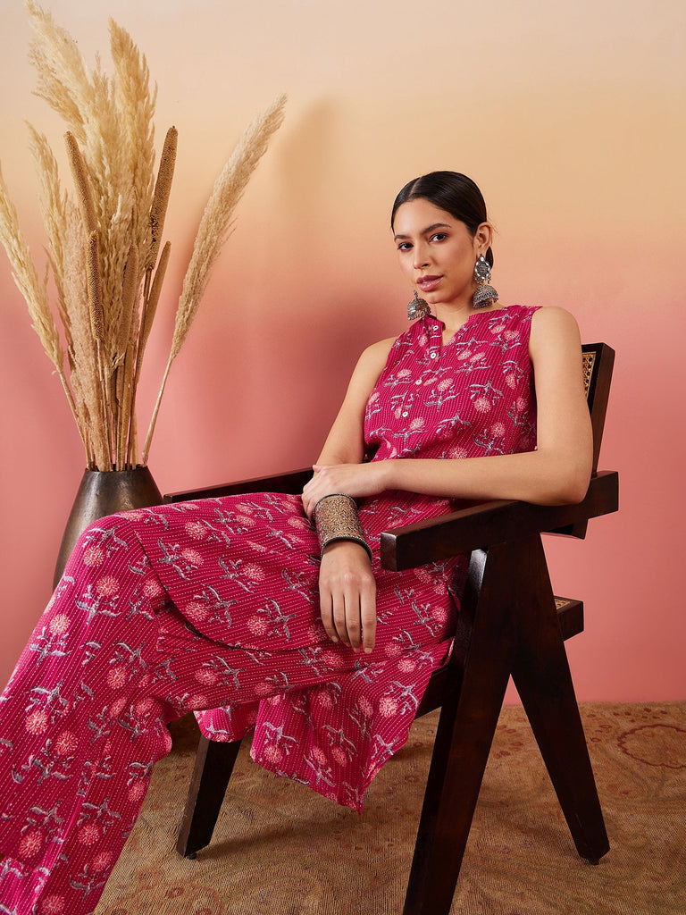 Women's Red Kantha Print Manderian V Neck Button Kurta Pant Set