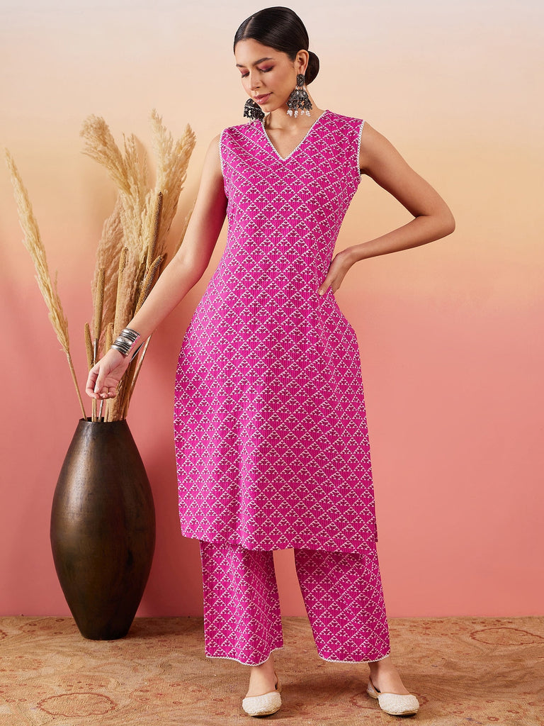 Women's Pink Pyramid Kantha V Neck Lace Work Kurta Palazzo Set