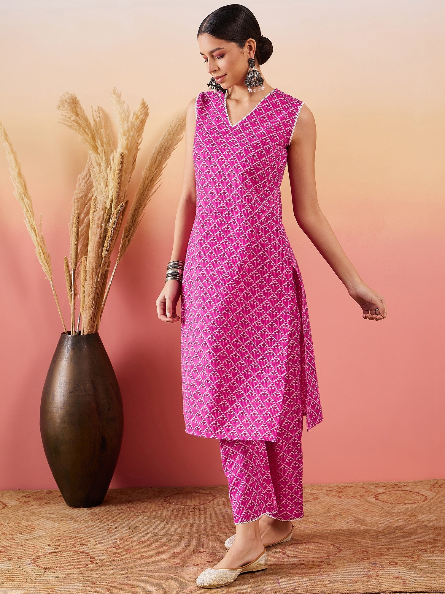 Women's Pink Pyramid Kantha V Neck Lace Work Kurta Palazzo Set - InWeave