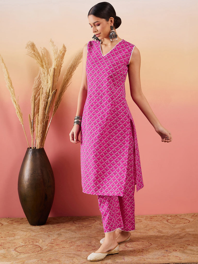 Women's Pink Pyramid Kantha V Neck Lace Work Kurta Palazzo Set