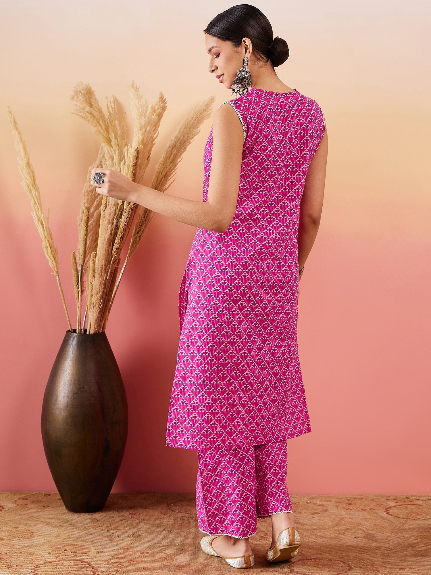 Women's Pink Pyramid Kantha V Neck Lace Work Kurta Palazzo Set - InWeave