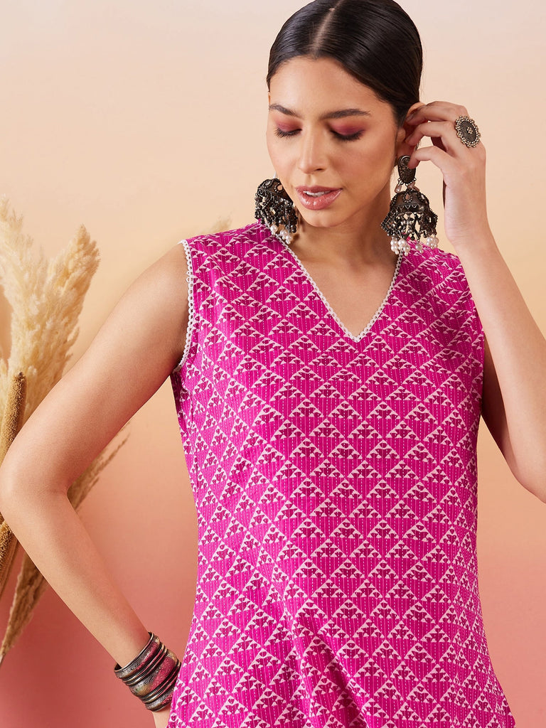 Women's Pink Pyramid Kantha V Neck Lace Work Kurta Palazzo Set