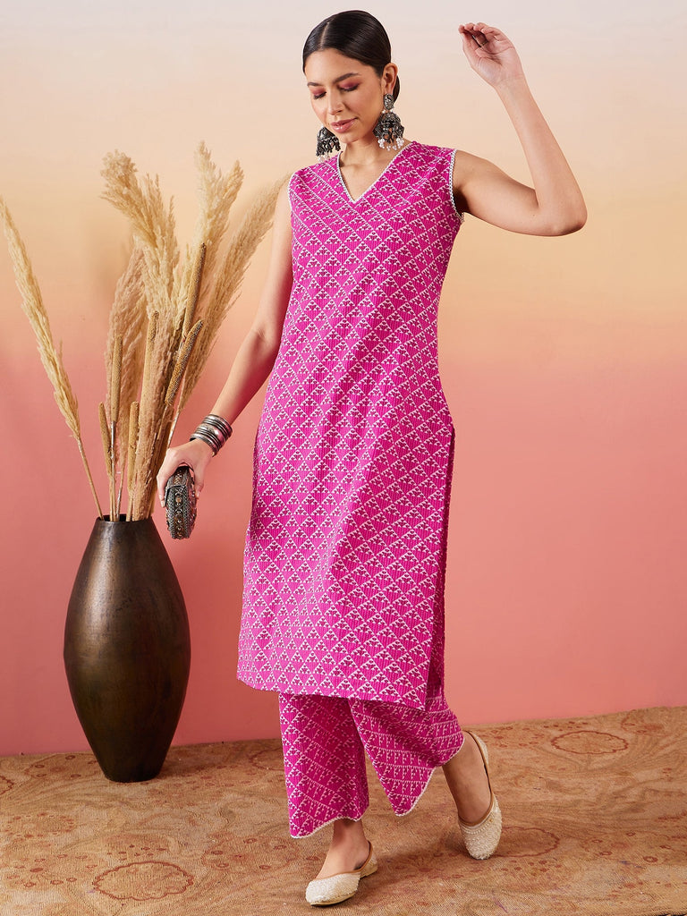 Women's Pink Pyramid Kantha V Neck Lace Work Kurta Palazzo Set