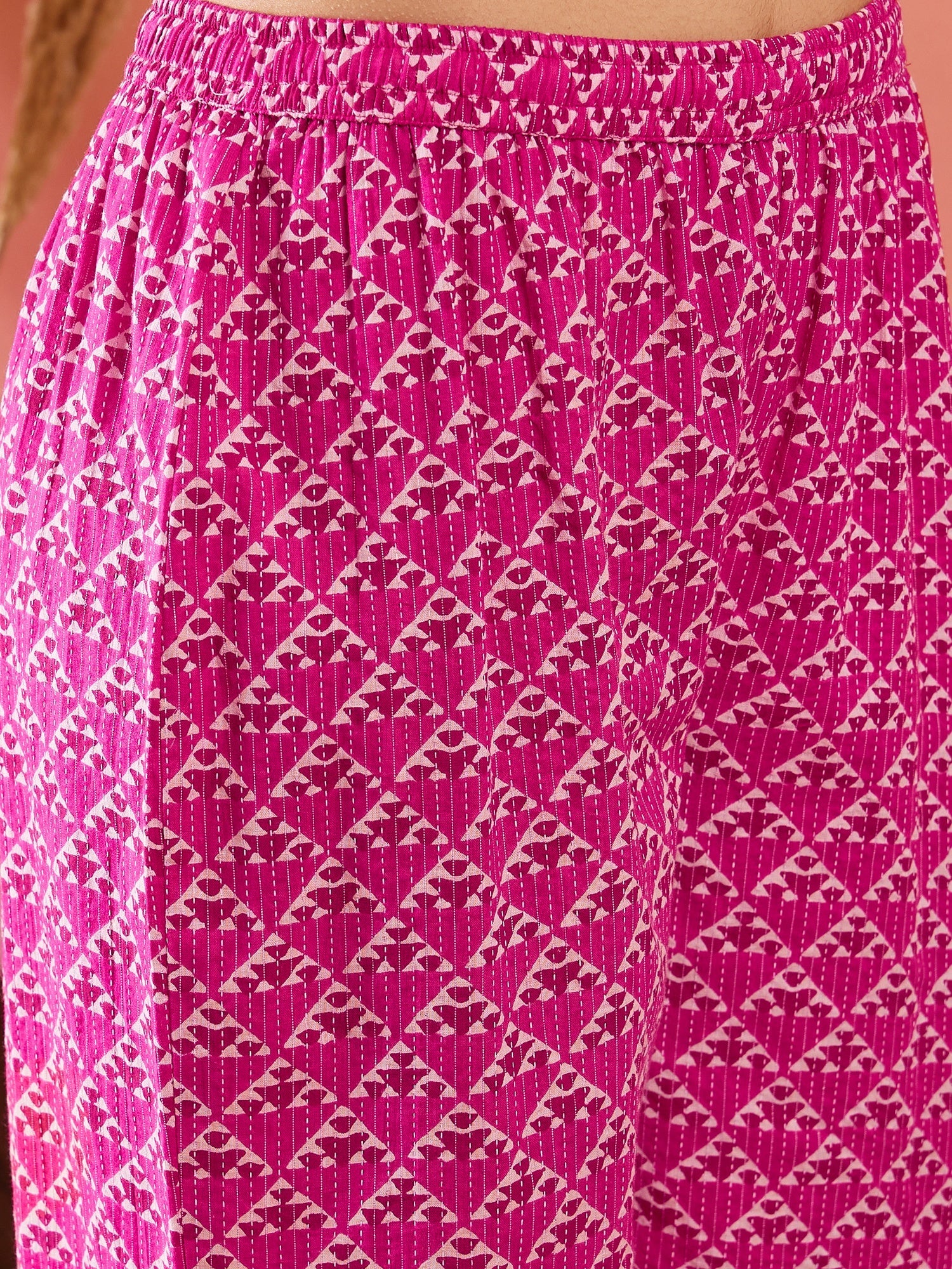 Women's Pink Pyramid Kantha V Neck Lace Work Kurta Palazzo Set - InWeave