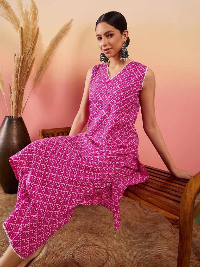 Women's Pink Pyramid Kantha V Neck Lace Work Kurta Palazzo Set