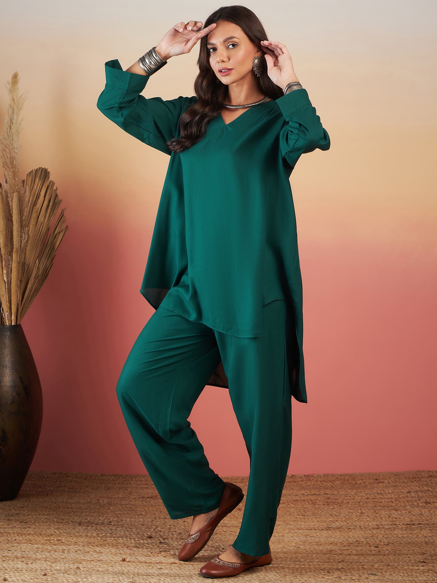 Women's Bottal Green Solid V Neck High Low Kurta Pant Set - InWeave