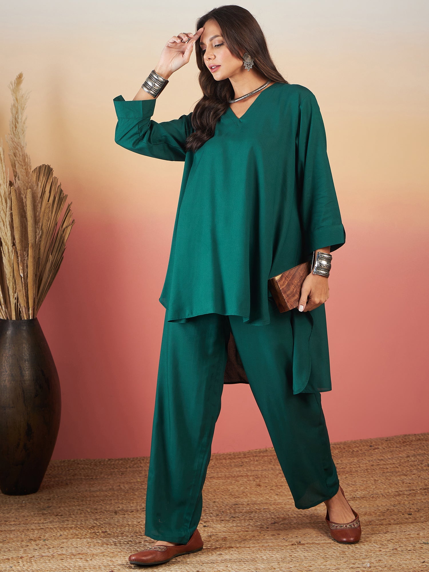 Women's Bottal Green Solid V Neck High Low Kurta Pant Set - InWeave