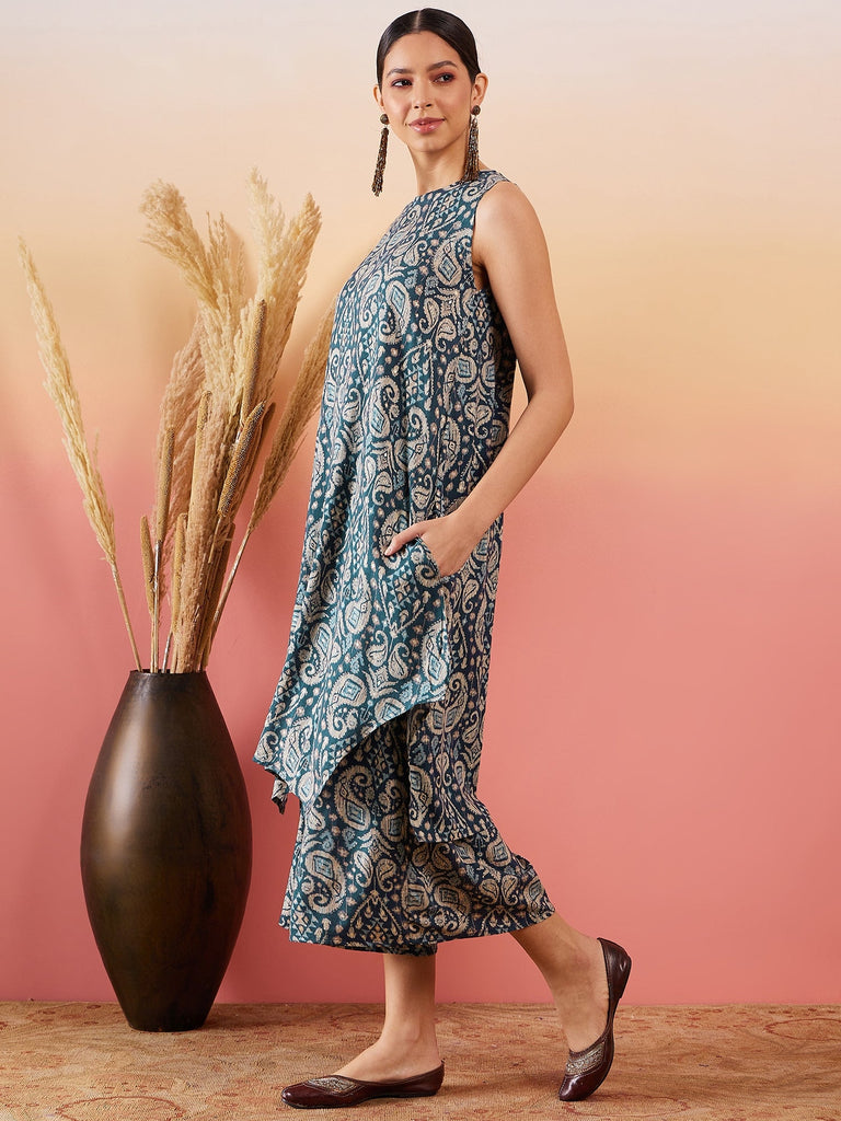 Women's Slate Grey Paisley Round Neck Kurta Short Palazzo Set