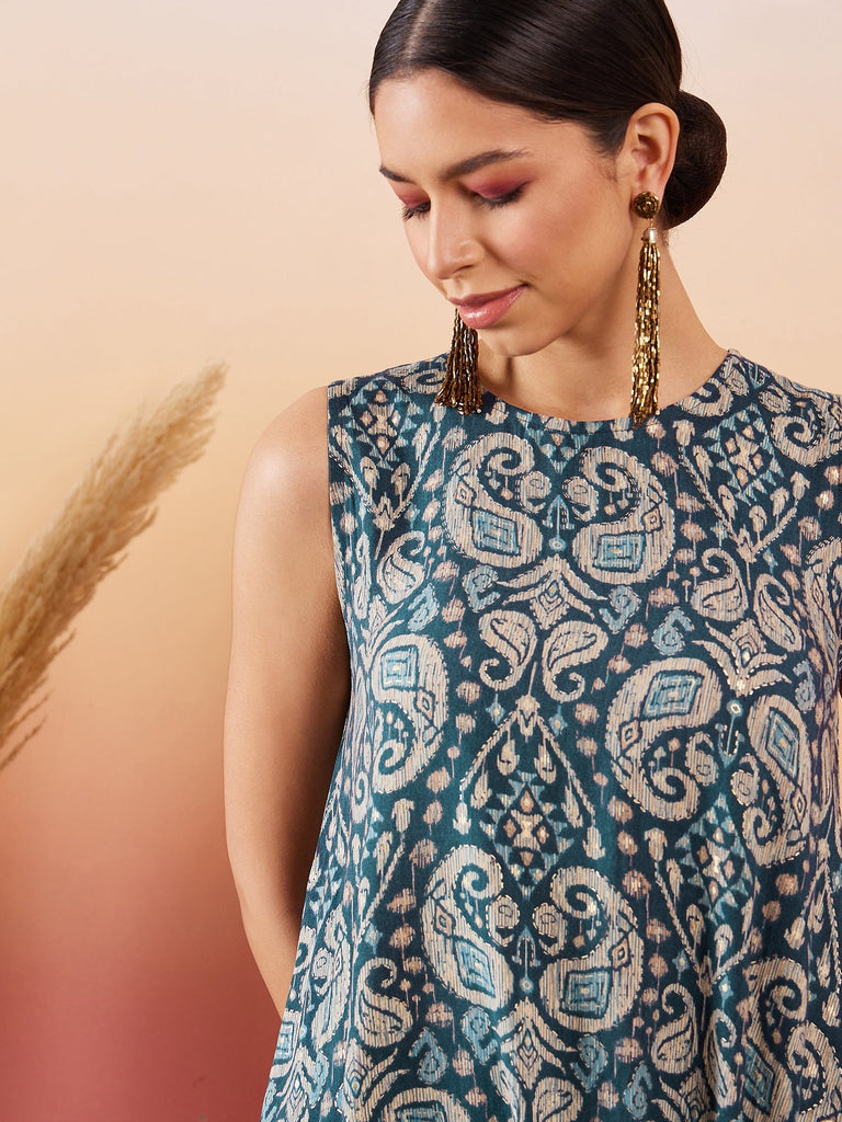 Women's Slate Grey Paisley Round Neck Kurta Short Palazzo Set