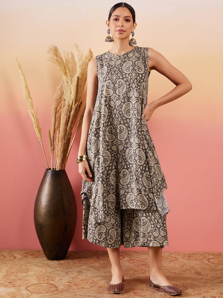 Women's Dull Brown Paisley Round Neck Kurta Short Palazzo Set