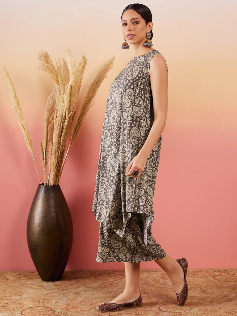 Women's Dull Brown Paisley Round Neck Kurta Short Palazzo Set