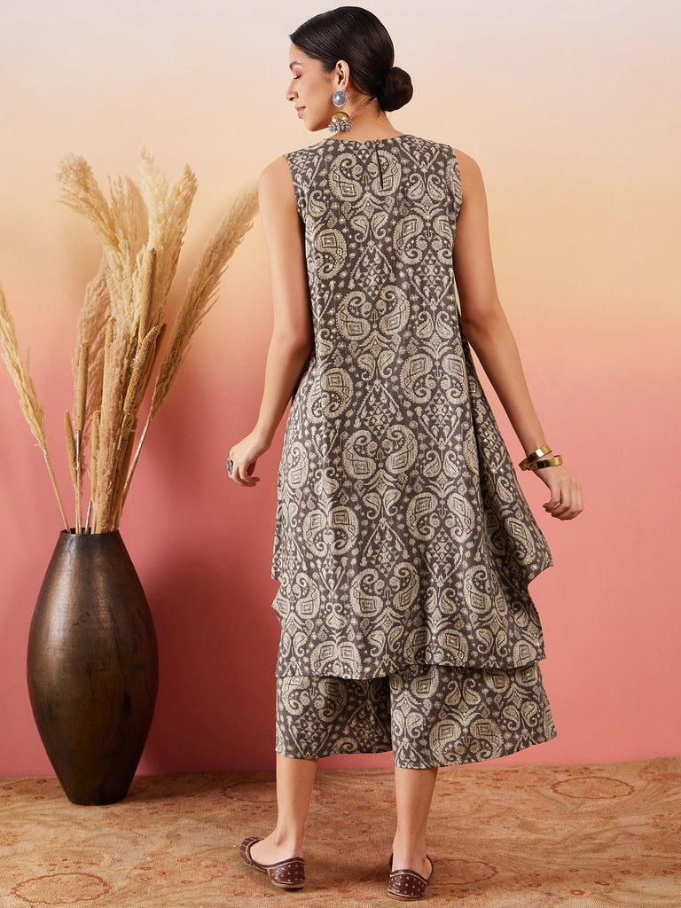 Women's Dull Brown Paisley Round Neck Kurta Short Palazzo Set