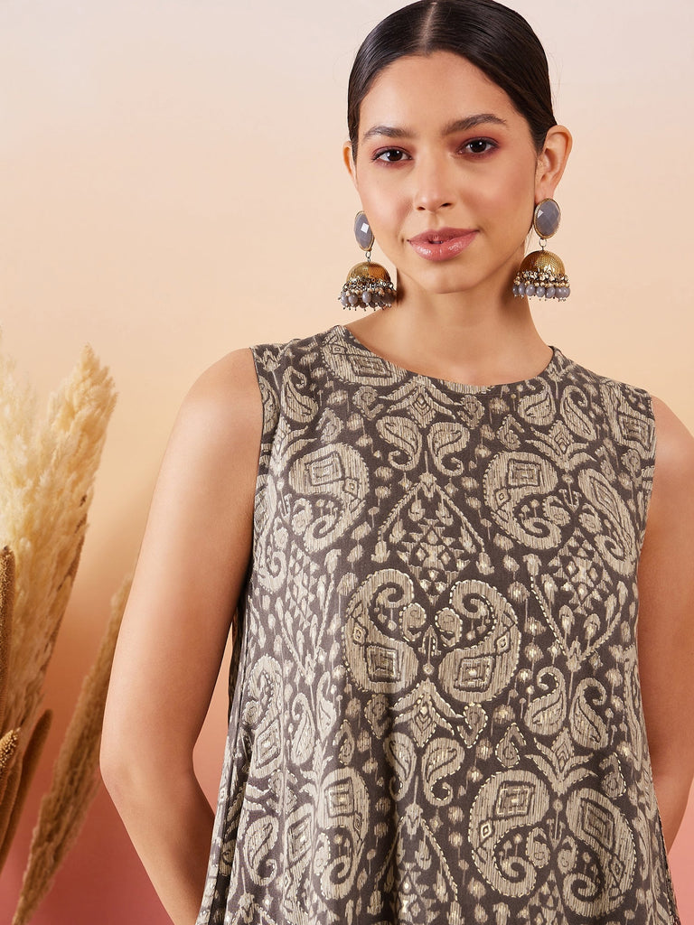 Women's Dull Brown Paisley Round Neck Kurta Short Palazzo Set