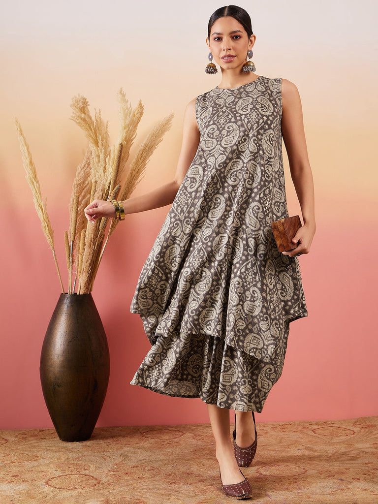 Women's Dull Brown Paisley Round Neck Kurta Short Palazzo Set