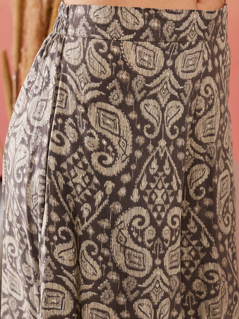 Women's Dull Brown Paisley Round Neck Kurta Short Palazzo Set