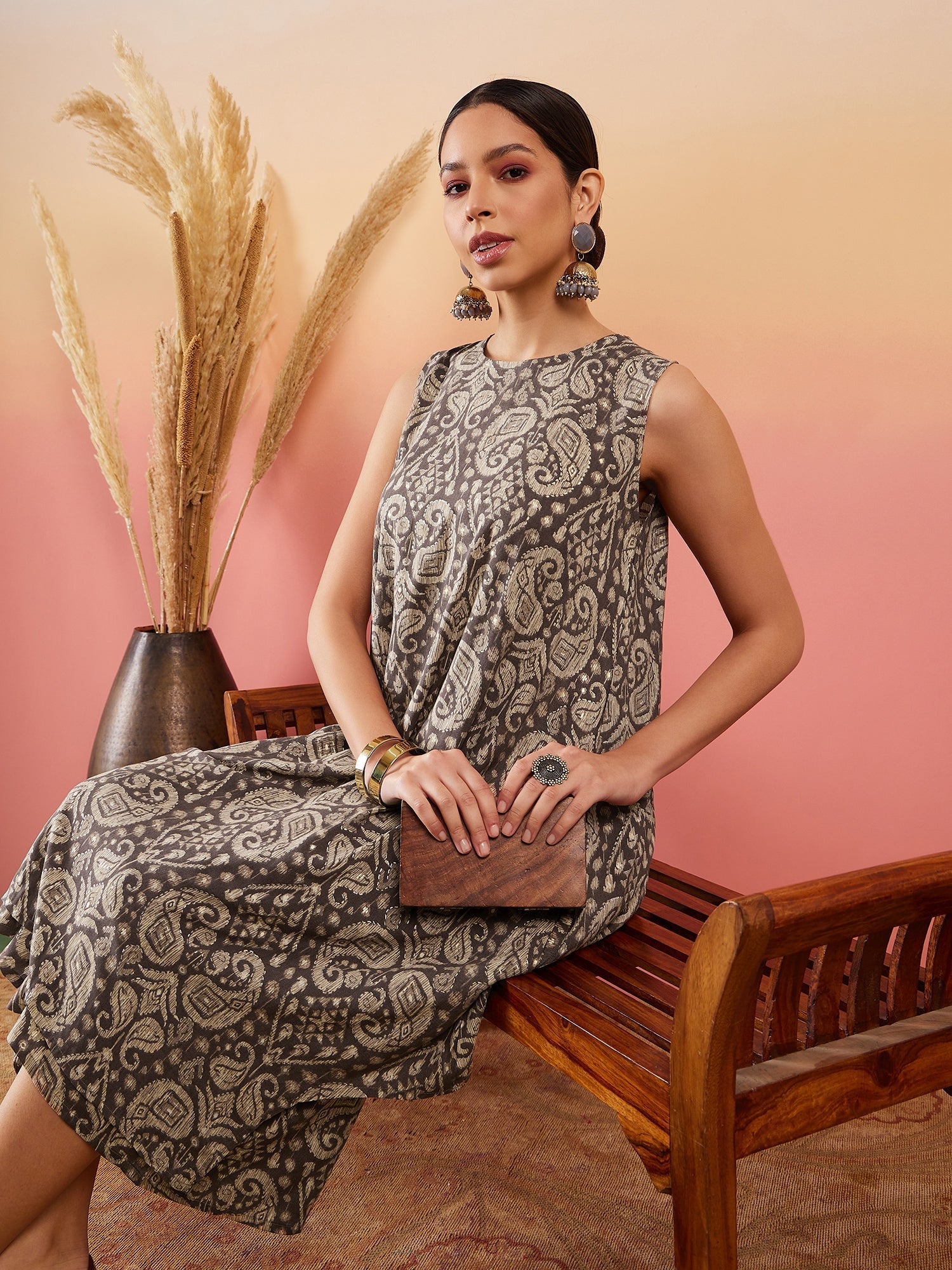 Women's Dull Brown Paisley Round Neck Kurta Short Palazzo Set - InWeave