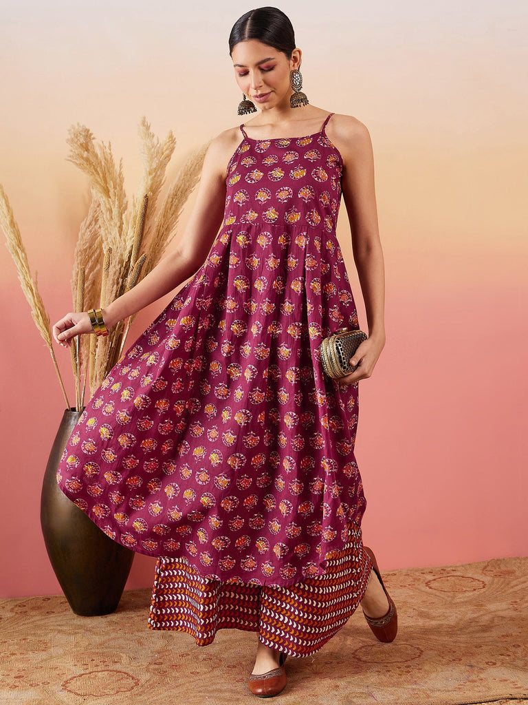 Women's Burgundy Floral Boota Print Strappy Printed Palazzo Set