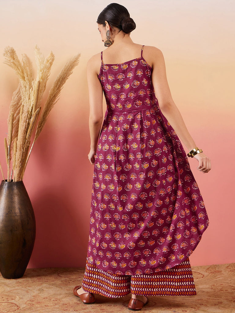 Women's Burgundy Floral Boota Print Strappy Printed Palazzo Set