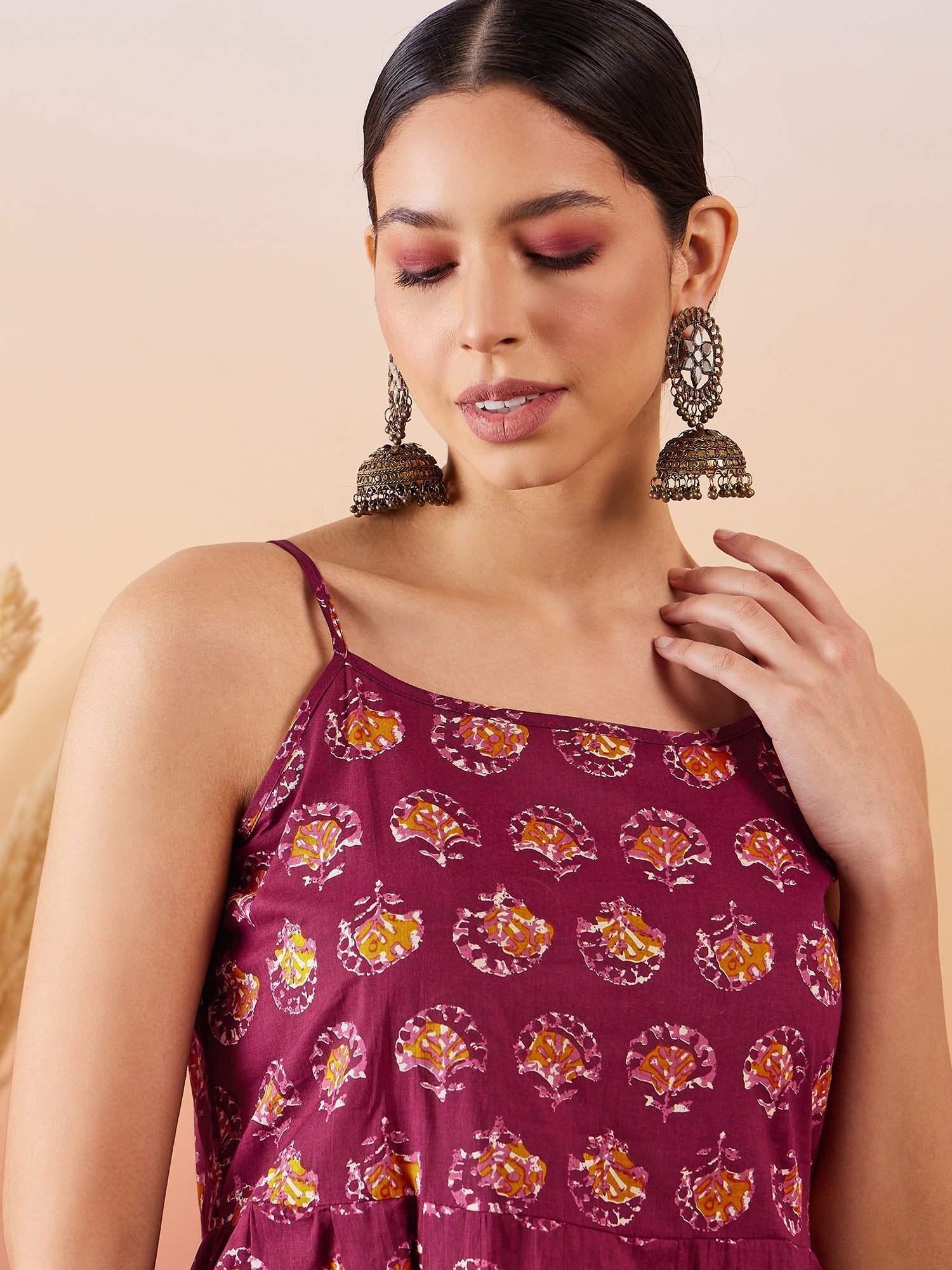 Women's Burgundy Floral Boota Print Strappy Printed Palazzo Set - InWeave