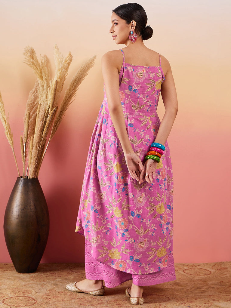 Women's Dull Pink Floral Print Strappy Printed Palazzo Set