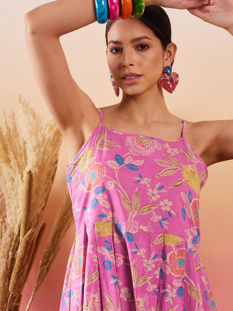 Women's Dull Pink Floral Print Strappy Printed Palazzo Set